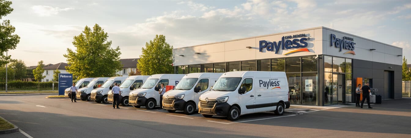 Parkovisko s viacerými dodávkami Payless pripravenými na prenájom pred pobočkou.